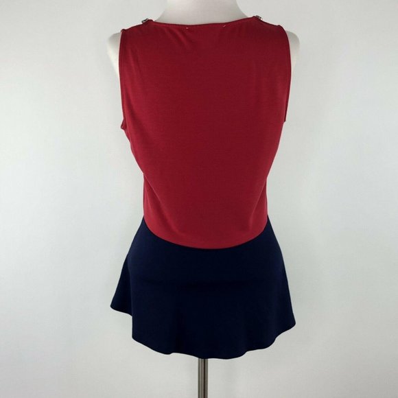 Boston Proper Red Navy Peplum Rhinestone Neck Top Shirt  |  Womens Small - Picture 3 of 9